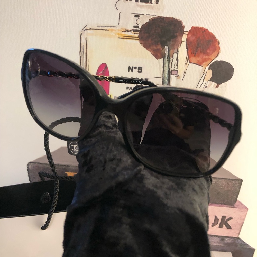 Authentic CHANEL Square Black Sunglasses with Gold Accents Classic & Iconic